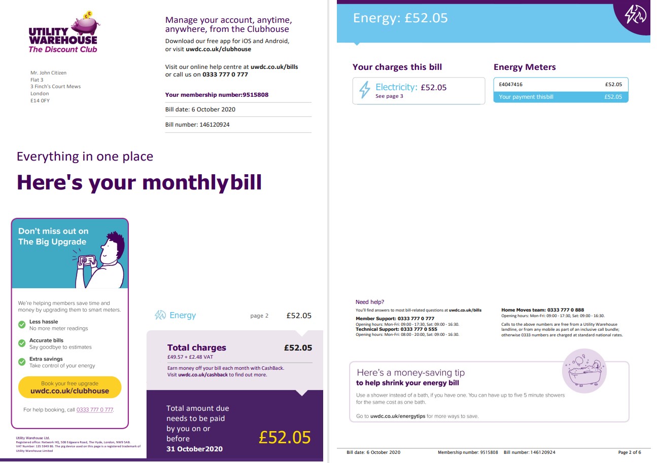United Kingdom Utility Warehouse electricity utility bill template in Word and PDF format (6 pages) 1 2